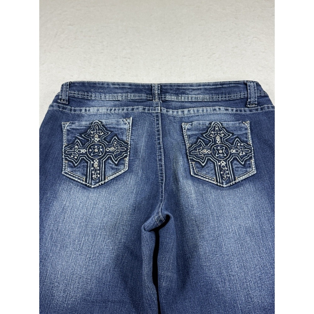 VTG LA Idol Women's 14 Jeans Blue Embroidered Cross Pockets Straight Leg Stretch